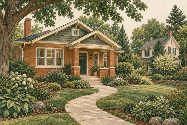 Illustration of a house with a landscaped garden
